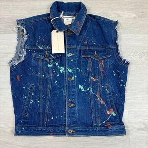 Free People X Tricia Fix Denim Vest Womens Small Blue Paint Splatter